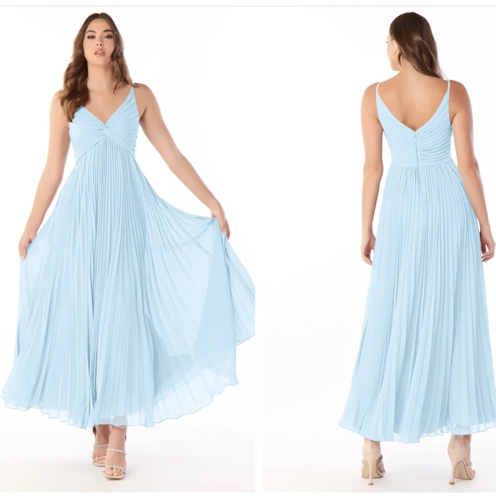 Light Blue Pleated V-Neck Maxi Dress
